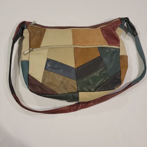 Vintage Boho Patchwork Genuine Leather Crossbody Shoulder Bag Made in Mexico - Picture 12 of 14